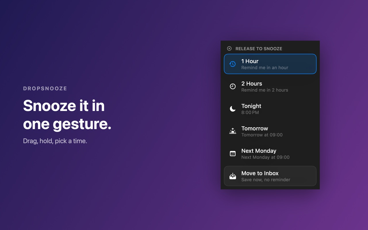 DropSnooze screenshot showing a snooze time wheel