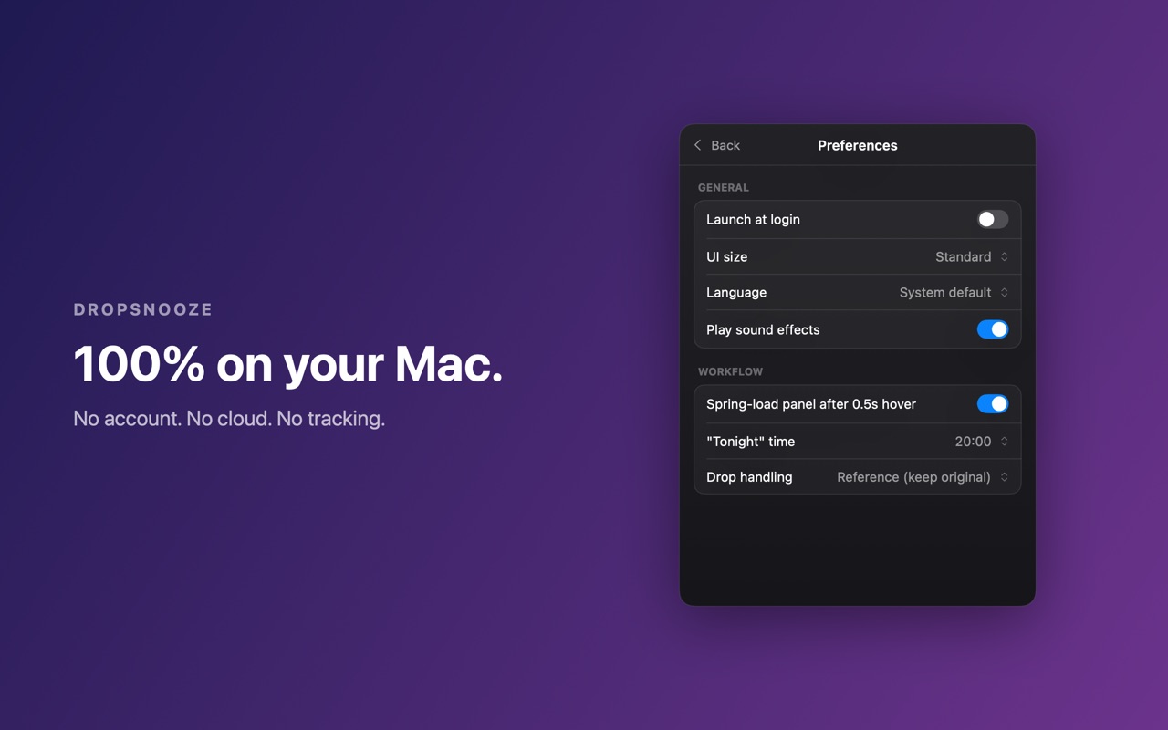 DropSnooze settings describing local storage
