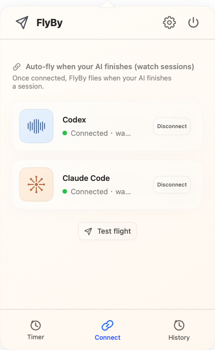 FlyBy Connect panel showing Codex and Claude Code connected