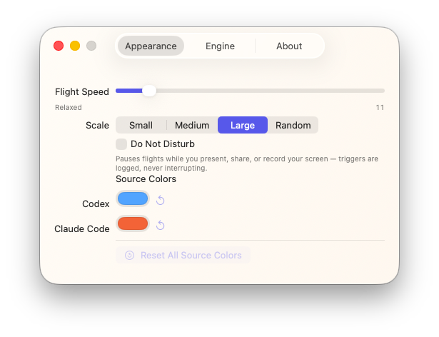 FlyBy settings showing flight speed, size, and Do Not Disturb