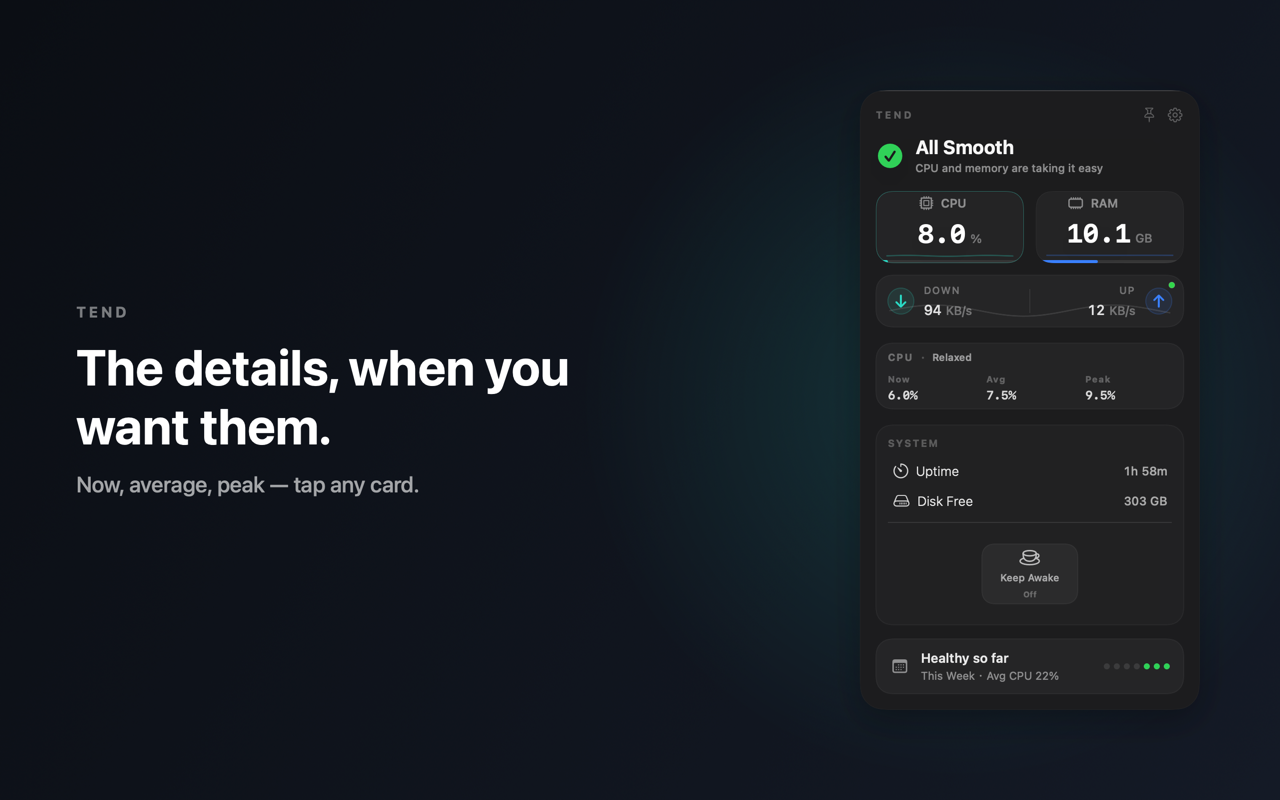 Tend app screenshot showing Mac health details